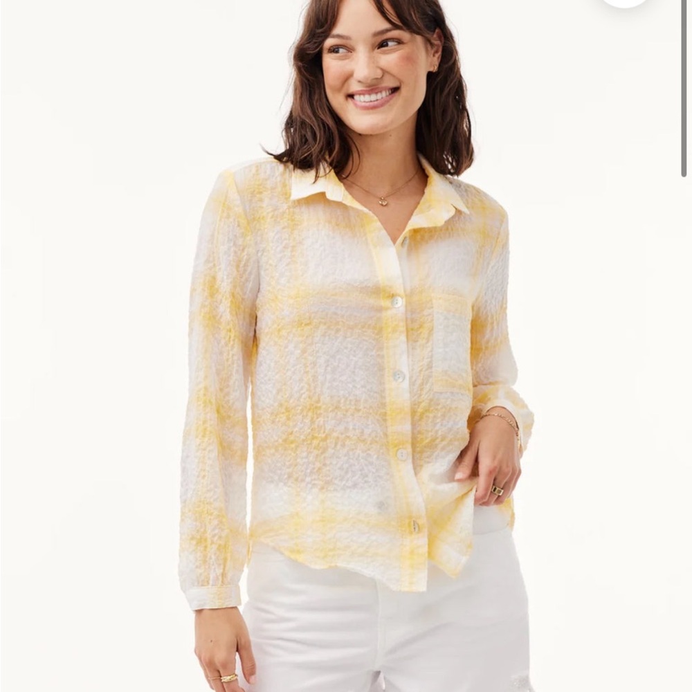 BELLA DAHL Crinkle Long Sleeve button down Shirt yellow white Plaid size medium